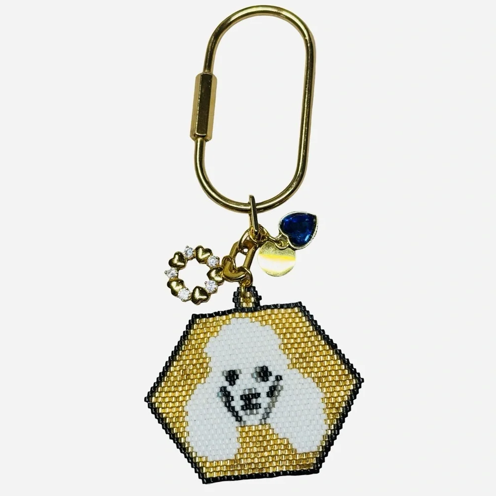 Hand Crafted Beaded White Poodle Face Gold Color Keychain with Charms